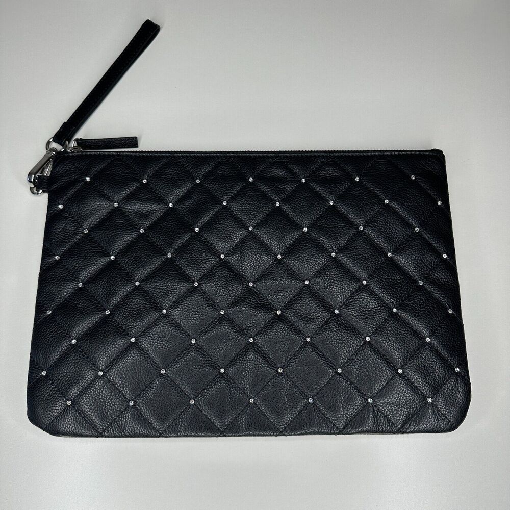 NIB Swarovski Black Quilted Leather & Crystals Zip Close Leather Strap Clutch